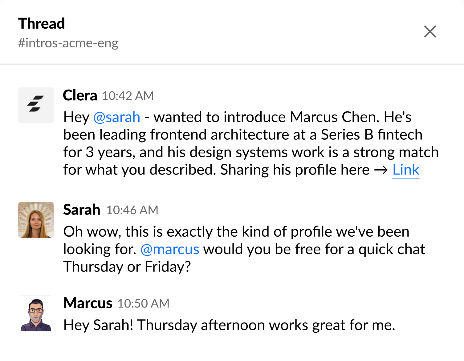 Slack thread where Clera introduces a candidate to a hiring manager