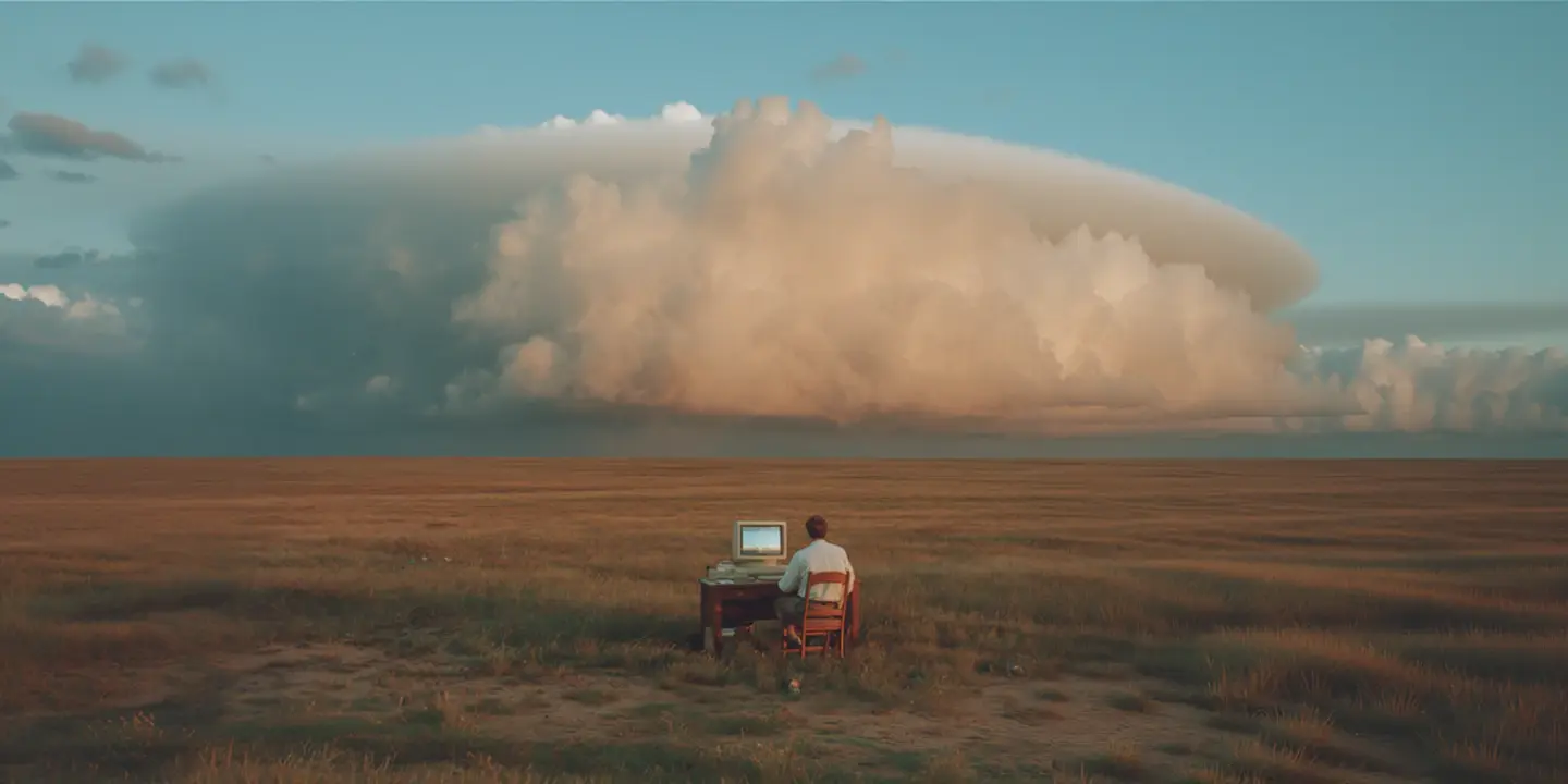 A founder at a desk in an open field under a huge cloud