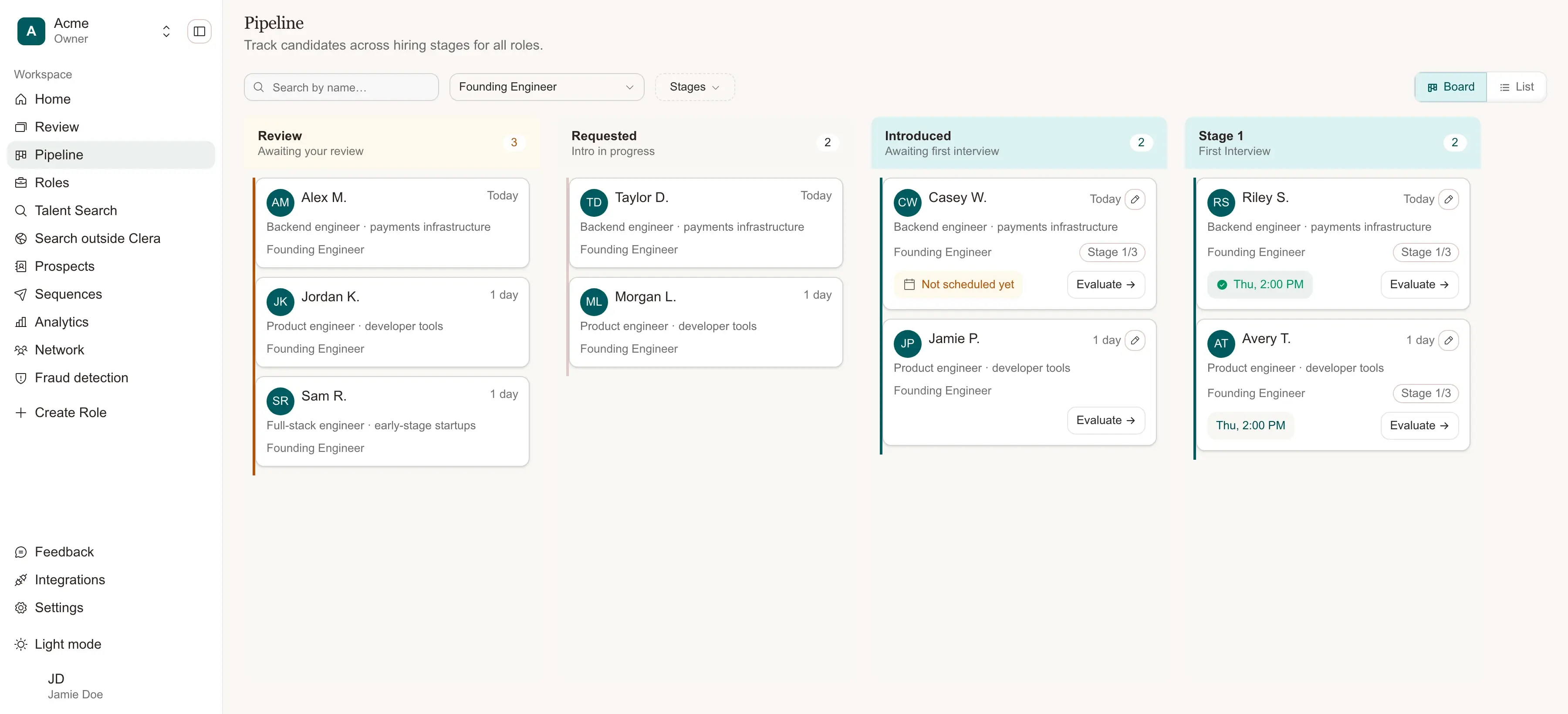 Clera Pipeline showing sample candidates for a Founding Engineer role, with review, introduction and interview stages.